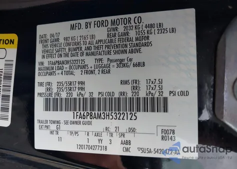 2017 Ford Mustang V6 z USA, uszkodzony, nr VIN 1FA6P8AM3H5322125